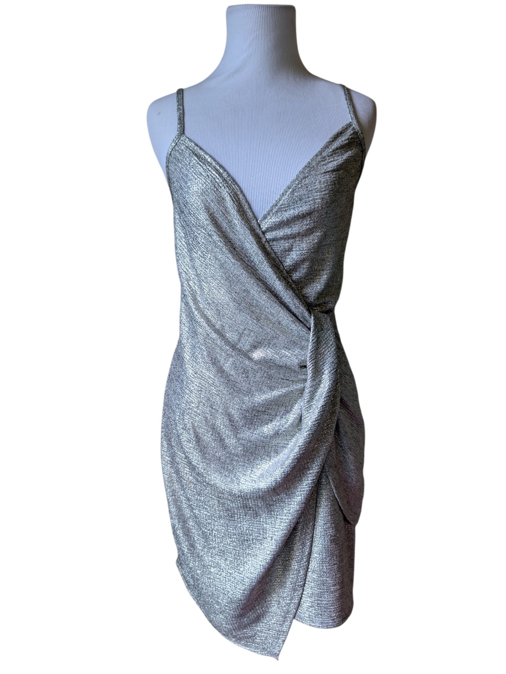 Trixxi Silver Metallic Faux Wrap Mini Dress Homecoming